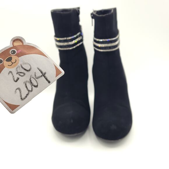 Madeline Stuart black suede heels ankle booties rhinestone strap women's size 8 - Picture 8 of 9